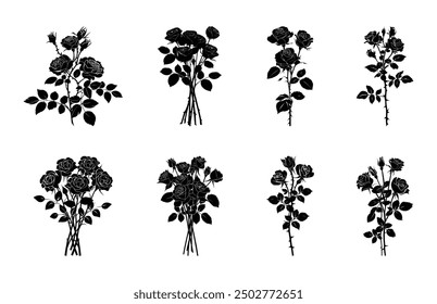 Ramo de Rosas Silueta Paquete de Vector, Rosas Flores Siluetas Clipart Set