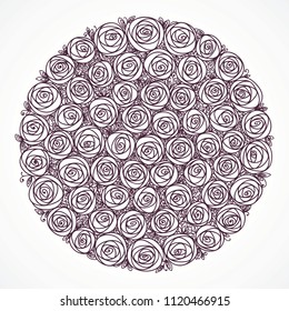 Roses bouquet. Stylized flowers. Isolated black adn white hand drawn line art.