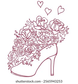 Roses Bouquet in the Women Shoe. Line Art Illustration.