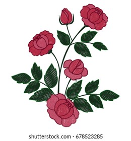 Roses branch embroidery composition. Needlework textile decor on white background.