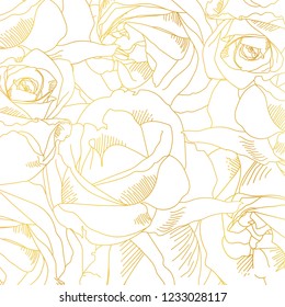 Roses bud outlines. Vector pattern with contours of flowers in golden colors. Style of Sketch or doodle. Abstract hand-drawn background. Vector illustration, eps10