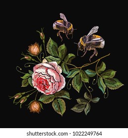 Roses and bumblebee embroidery. Template for design of clothes, t-shirt design, tapestry flowers renaissance style vector. Classical embroidery vintage buds of roses and bee on black background 