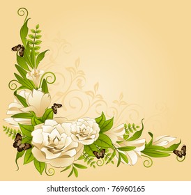 Roses with butterfies on the background. Vector