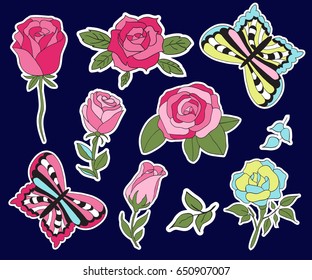 Roses and butterflies patches set. Colorful pins collection in cartoon 80s-90s style. Vector sticker set.