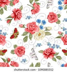 Roses and butterflies pattern. Summer flowers seamless pattern. Beautiful flowers wallpaper. Rose vector