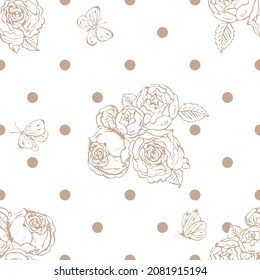 Roses, butterflies and polka dots seamless pattern vector illustration. Shabby chic contour patterns. For home textiles, apparel, packaging, home decor, wallpaper and promotional materials.