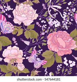 Roses and butterflies. Seamless pattern, background, in purple and pink colors. On a dark background. Stock vector.