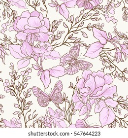 Roses and butterflies. Seamless pattern, background, in light vintage colors. Stock vector.