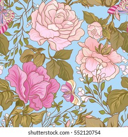 Roses and butterflies. Seamless pattern, background, in purple and pink colors. On a blue background. Stock vector.