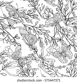 Roses and butterflies. Seamless pattern, background. Outline hand drawing. Stock vector.
