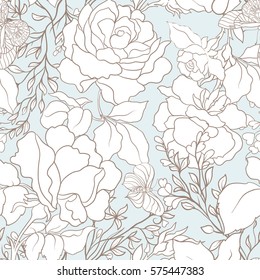 Roses and butterflies. Seamless pattern, background, in light vintage colors. Stock vector.