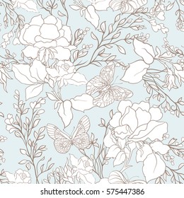 Roses and butterflies. Seamless pattern, background, in light vintage colors. Stock vector.