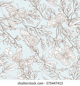 Roses and butterflies. Seamless pattern, background, in light vintage colors. Stock vector.