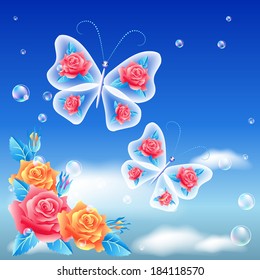 Roses and butterflies in the sky