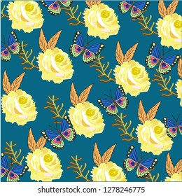 Roses and butterflies vector pattern