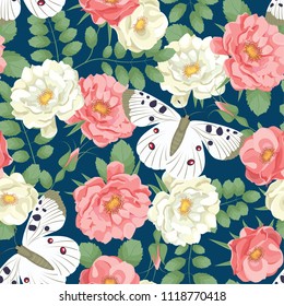 Roses and butterflies. Vintage roses background. Summer flowers seamless pattern. Beautiful flowers and butterflies texture