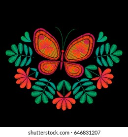 Roses and Butterfly Embroidery on black background. Simple Floral Pattern. Ornamental Fashion print. Traditional Folk Decoration for Fabric. Bouquet. Vector illustration