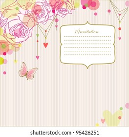 Roses, butterfly and hearts background for invitation or congratulations with a frame.