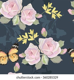 Roses and butterfly on seamless
