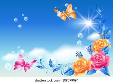 Roses and butterfly in the sky