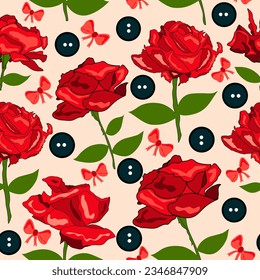 roses with buttons and ribbons seamless pattern. Red roses with black buttons and red bows seamless vector repeat pattern. It is suitable for textile, fabric, decoration, wrapping, packaging and more.
