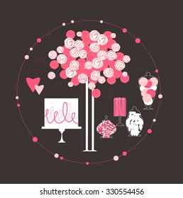 Roses and cake. Candy Buffet .Pink colors.Vector illustration.