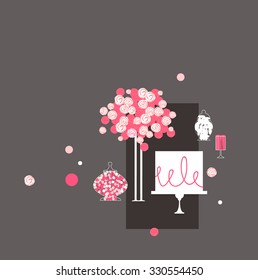 Roses and cake.Pink colors.Vector illustration.