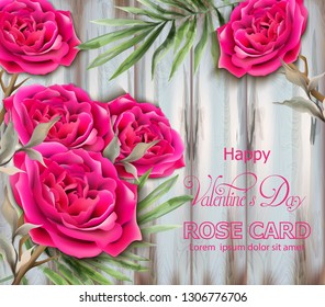 Roses card Vector realistic. Beautiful floral decor with palm leaves. Exotic tropic postcards. Fucsia rose flowers