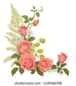 Roses, chamomile (daisy), bouquet pink, red, white flowers, buds, green leaves (fern, eucalyptus, silver dollar) on white background, hand draw sketch in vintage style, corner square frame, vector