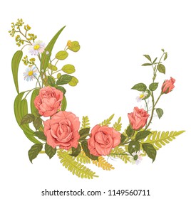 Roses, chamomile (daisy), bouquet pink, red, white flowers, buds, green leaves (fern, eucalyptus, silver dollar) on white background, hand draw sketch in vintage style, horizontal square frame, vector