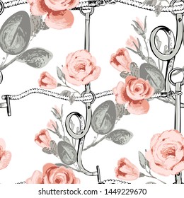 Roses check tartan fabric. Leather belt cross rope seamless pattern. Baroque fabric design. Vintage floral sketch seamless pattern on white background. Flowers on belts, nature and art.