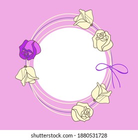 Roses in a circle on a pink background. Six roses in the composition. Modern design for holiday invitation cards, posters, banners, postcards, postcards. Vector illustration.