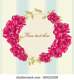 Roses in circle vintage frame for text, invitation, cards. Vector