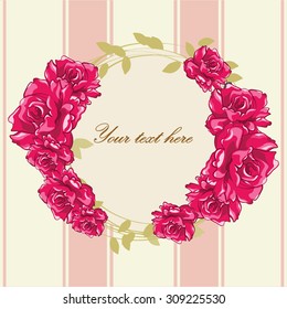 Roses in circle vintage frame for text, invitation, cards. Vector