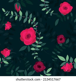 Roses climbing vine plant with leaves with shadows and blooming red flowers. Floral background design. Seamless vector pattern illustration in navy, green and red.
