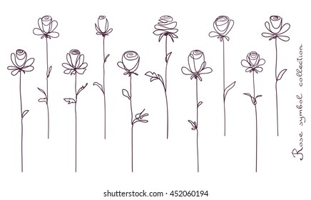 Roses. Collection of isolated rose flower sketch on white background. The continuous line doodled design.