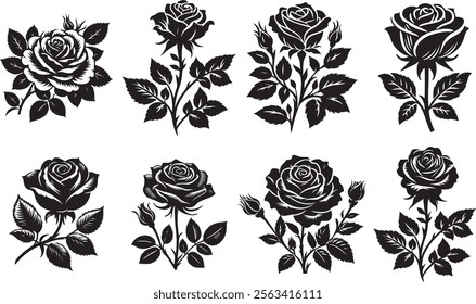 Roses, collection of roses silhouette vector art illustration