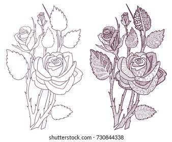 Roses coloring book page. Decorative ornamental flowers.