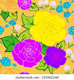Roses colourful with mini flowers on yellow background Japannese style seamless patern use for banner background,  fabric, textile, cover, paper print, wrapping paper or decoration