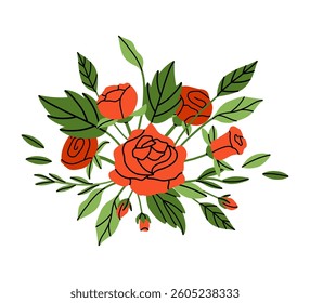 Roses composition. Red flowers and green leaves. Decorative element, frame, border and divider, underline. Bouquet with blossoms. Botanical garland. Vector cartoon flat style isolated illustration