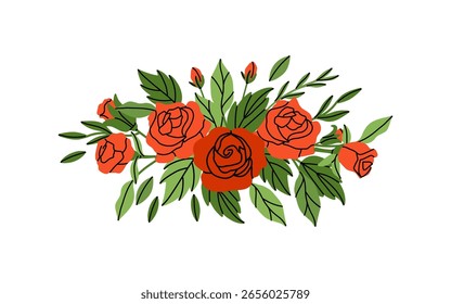 Roses composition. Red flowers and green leaves. Decorative element, frame, border and divider, underline. Bouquet with blossoms. Botanical garland. Vector cartoon flat style isolated illustration
