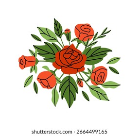 Roses composition. Red flowers and green leaves. Decorative element, frame, border and divider, underline. Bouquet with blossoms. Botanical garland. Vector cartoon flat style isolated illustration