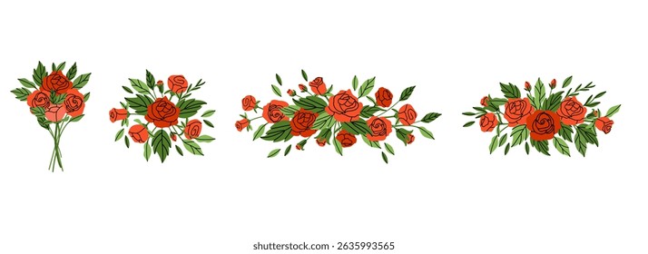 Roses compositions. Red flowers and green leaves. Decorative elements, frame, borders and divider, underlines. Bouquet with blossoms. Botanical garland. Vector cartoon flat isolated illustration