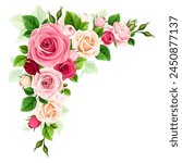 Roses corner border. Red, pink, and white roses corner design element isolated on a white background. Vector illustration. Hand-drawn illustration, not AI