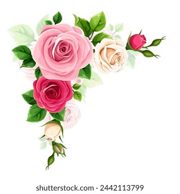 Roses corner border. Red, pink, and white roses corner design element isolated on a white background. Hand-drawn illustration, not AI