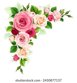 Roses corner border. Red, pink, and white roses corner design element isolated on a white background. Vector illustration. Hand-drawn illustration, not AI