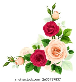 Roses corner border. Red and yellow roses corner design element isolated on a white background. Red and yellow hybrid tea roses. Hand-drawn illustration, not AI