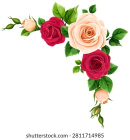 Roses corner border. Red and yellow hybrid tea roses corner. Vector floral design element isolated on a white background. Hand-drawn illustration, not AI