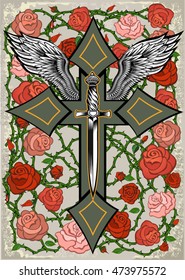 Roses and Cross with Wings
