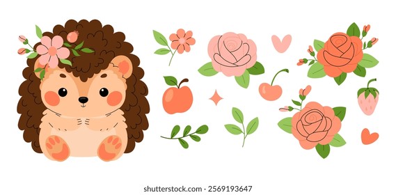 Roses. Cute hedgehog with decorative elements for cards, poster, print. Set of vector illustrations on white background.	
